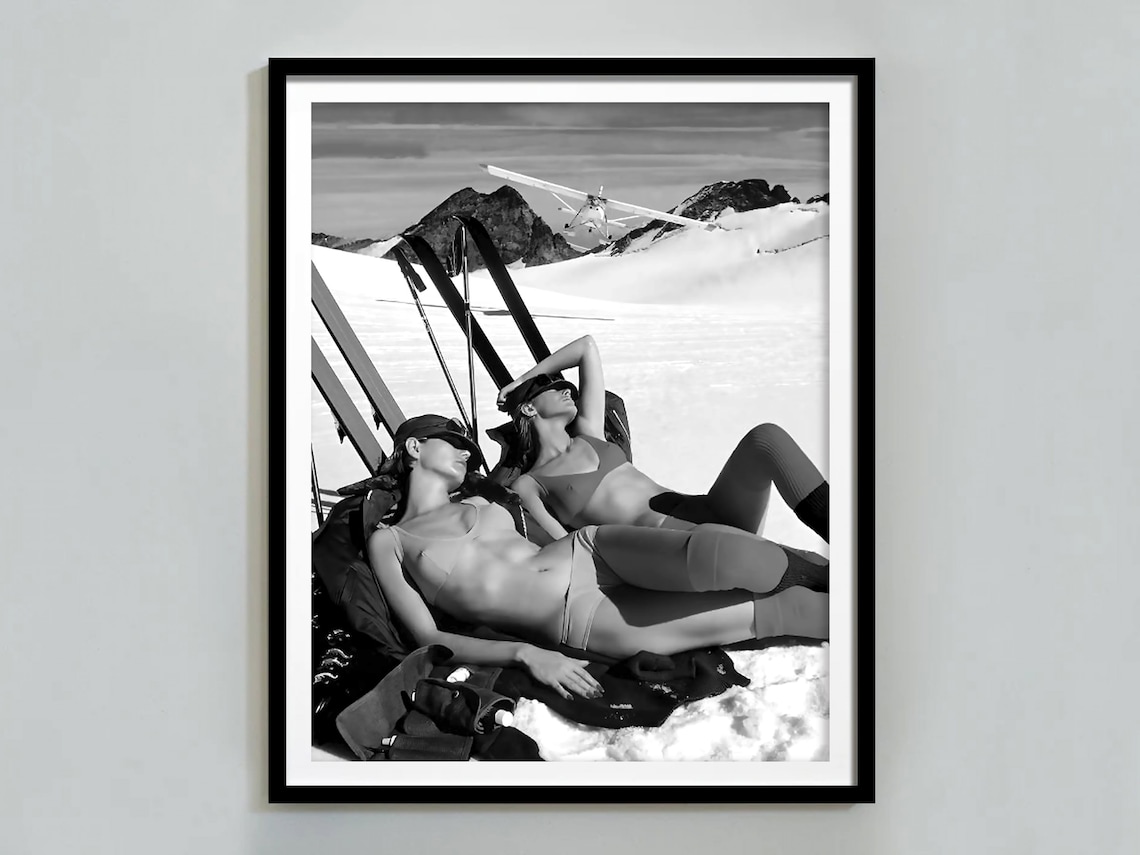 Vintage Bikini Ski Girls Black and White Ski Poster