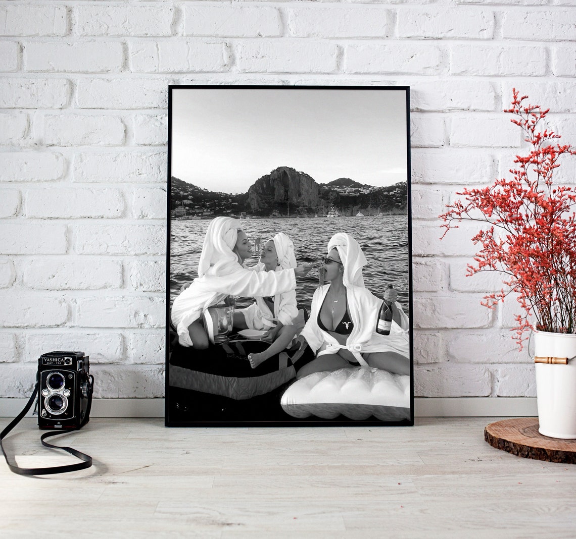 Three Girlfriends Champagne Boat Day Black And White Photo Poster - Image 3