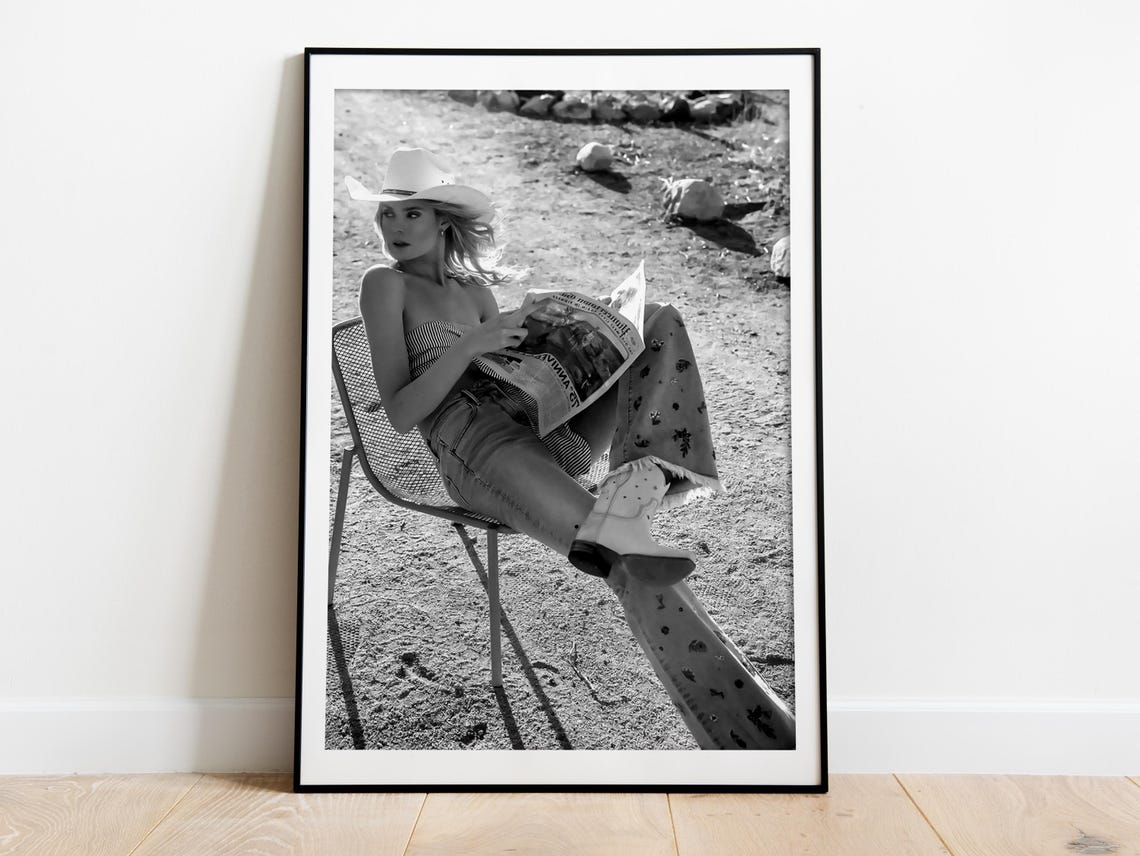 Cowgirl Reading Newspaper In Desert Print Black And White Fashion Photography Western Wall Art Hypebeast Room Decor - Image 3