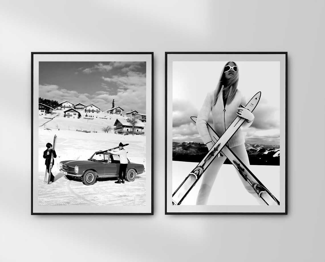 Stylish Woman In White Ski Outfit Holding Crossed Skis Fashion Poster - Image 2