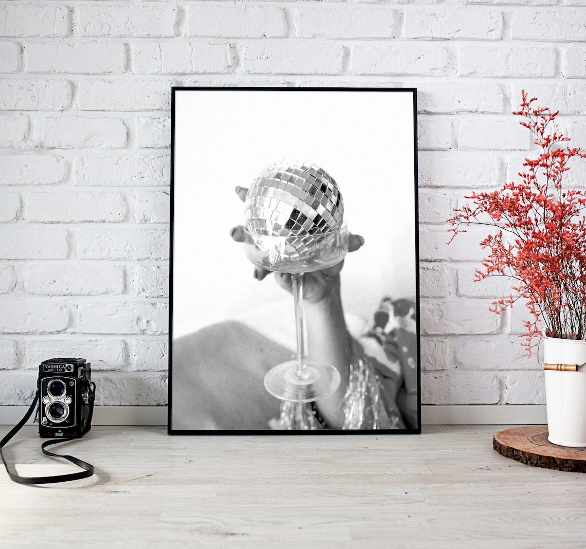 Disco Ball Poster, Black and White Cocktail Art - Image 4