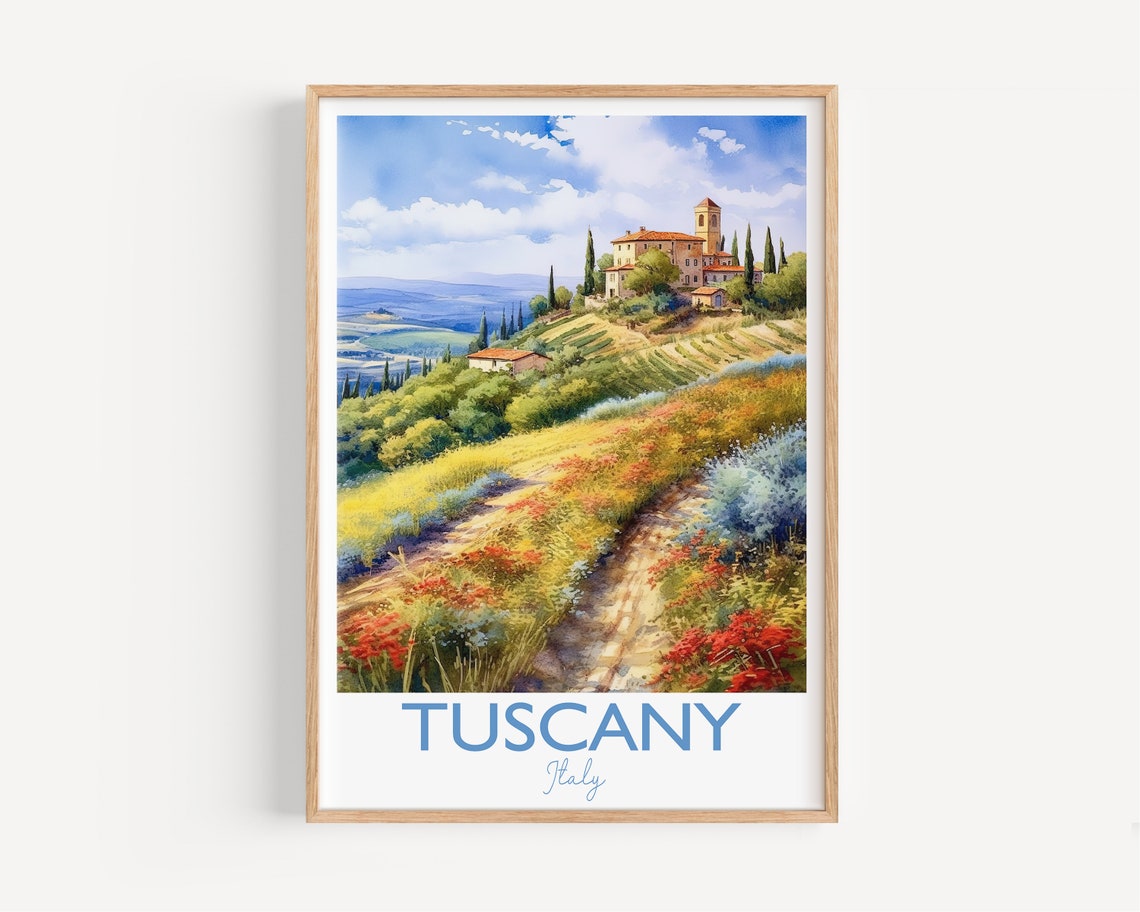 Tuscany Italy Rolling Hills Vineyard Villa Watercolor Poster