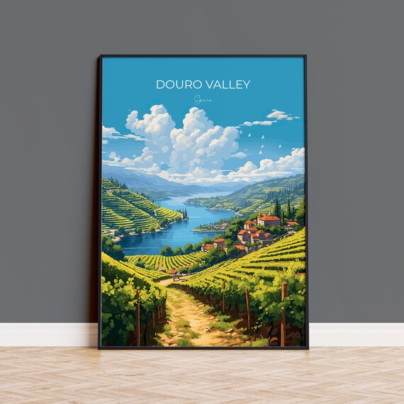 Douro Valley Spain Terraced Vineyards River Village Travel Poster Gift
