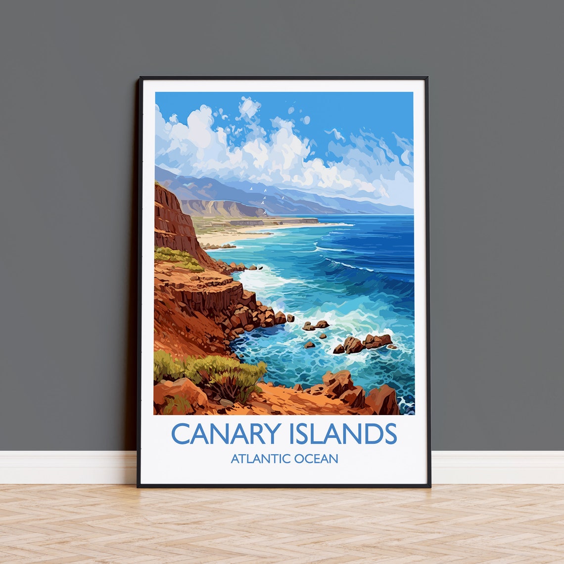 Canary Islands Atlantic Ocean Red Cliffs Coastline Travel Poster