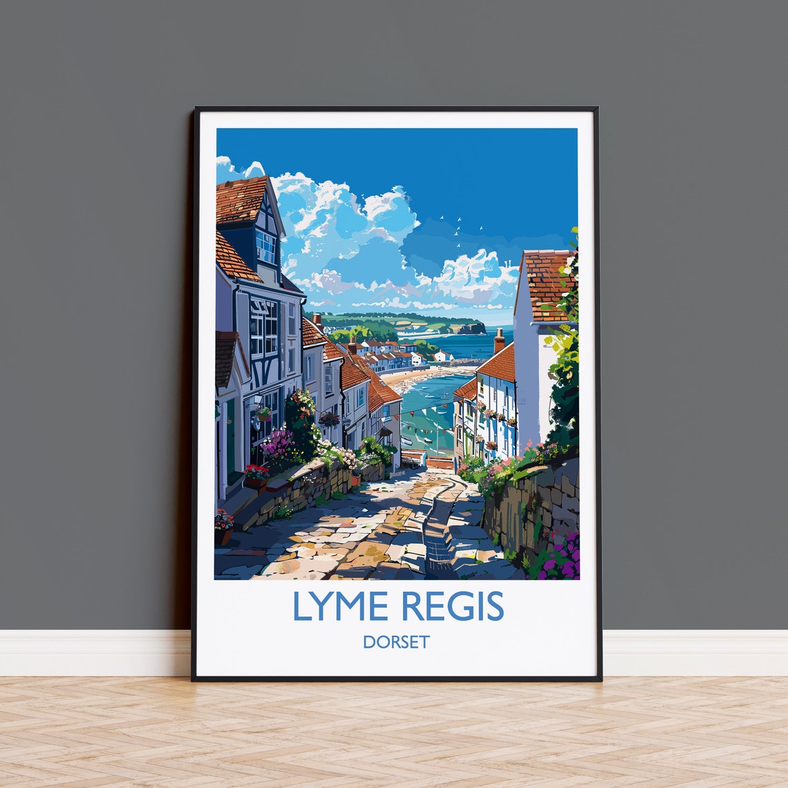 Lyme Regis Dorset Cobbled Street Seaside Cottages Vintage Poster