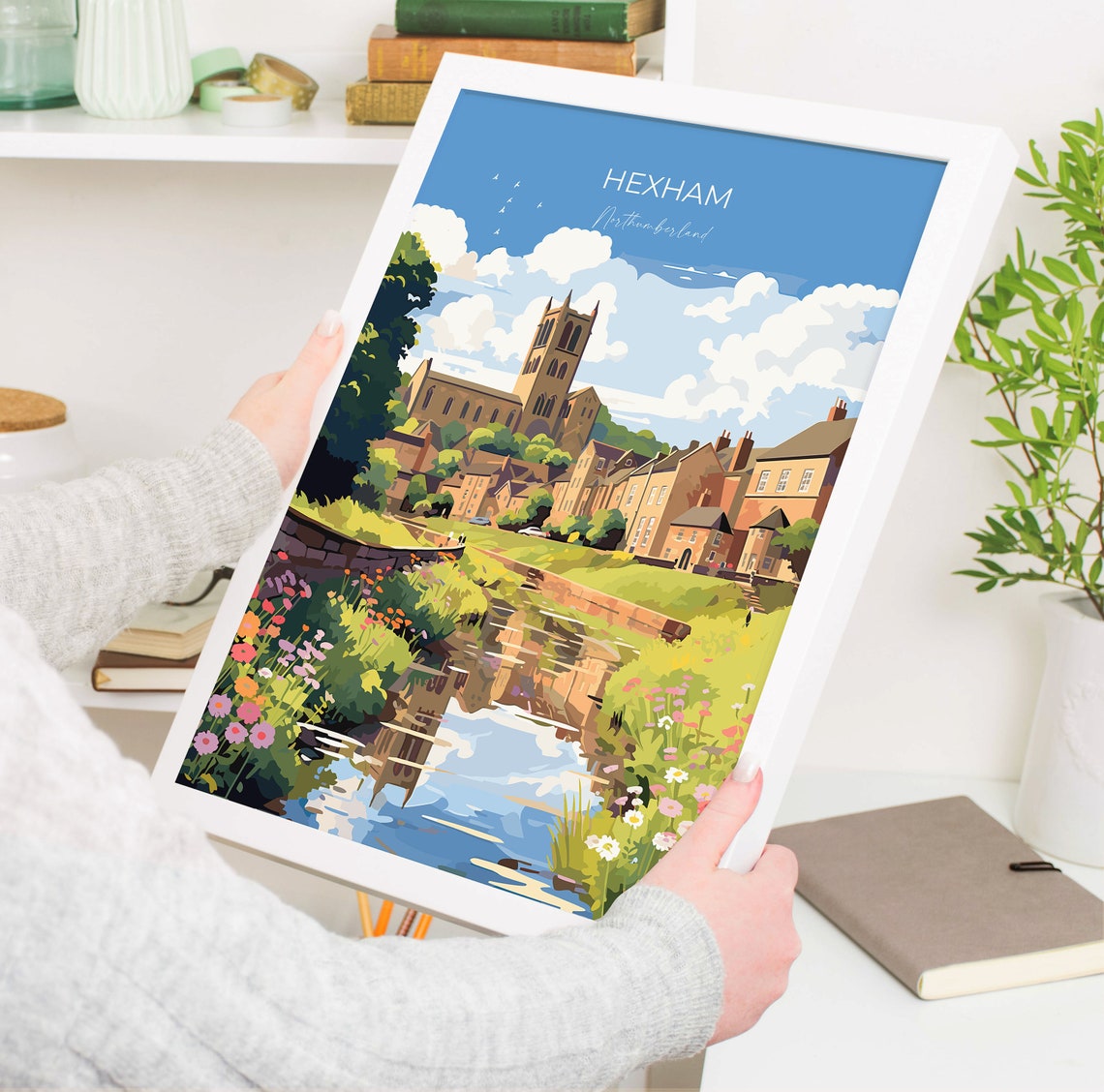 Hexham Northumberland Abbey Riverside Wildflowers Artwork Poster - Image 5
