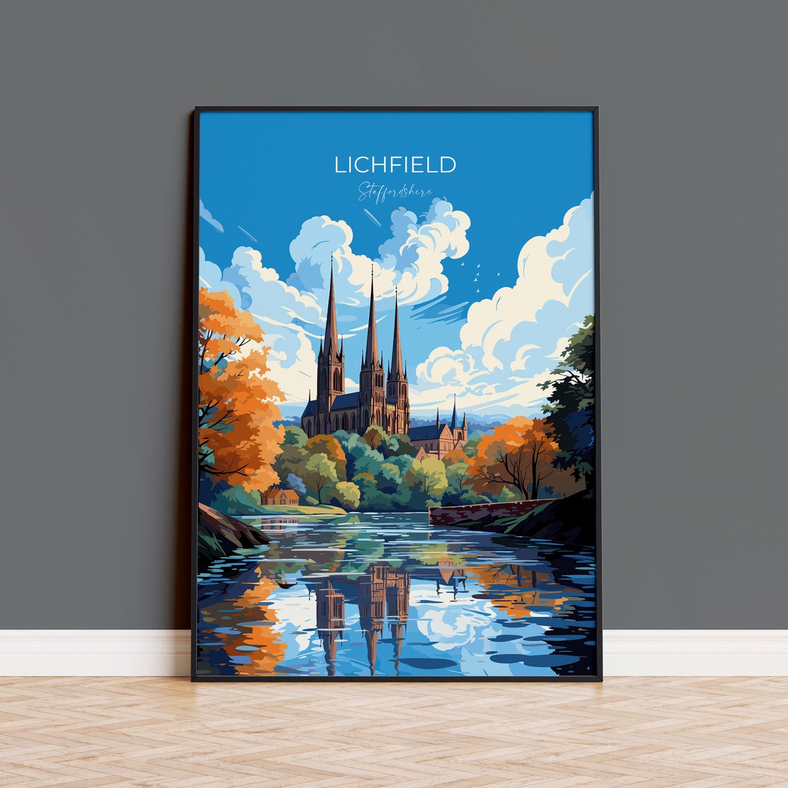 Lichfield Staffordshire Cathedral Autumn Trees Lake Reflection Poster