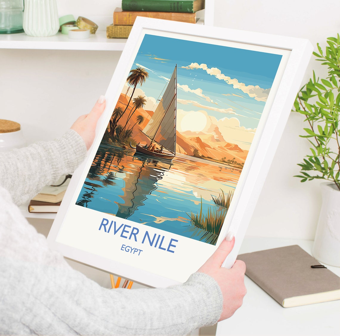 River Nile Egypt Felucca Sailboat White Border Sunset Travel Poster - Image 3