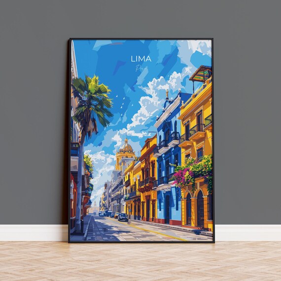 Lima Peru Colorful Colonial Street Yellow Blue Buildings Travel Poster
