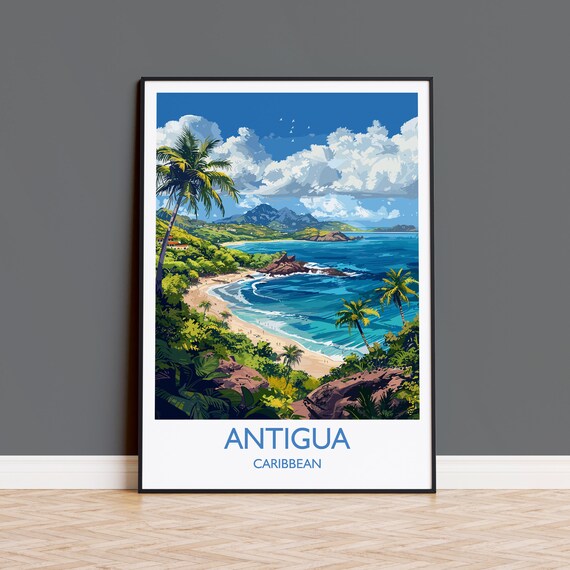Antigua Caribbean Bay Beach Palm Trees Mountain View Travel Poster