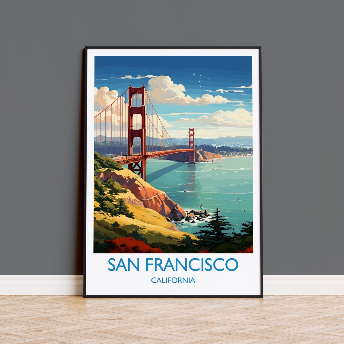 San Francisco California Golden Gate Bridge Bay View Travel Poster