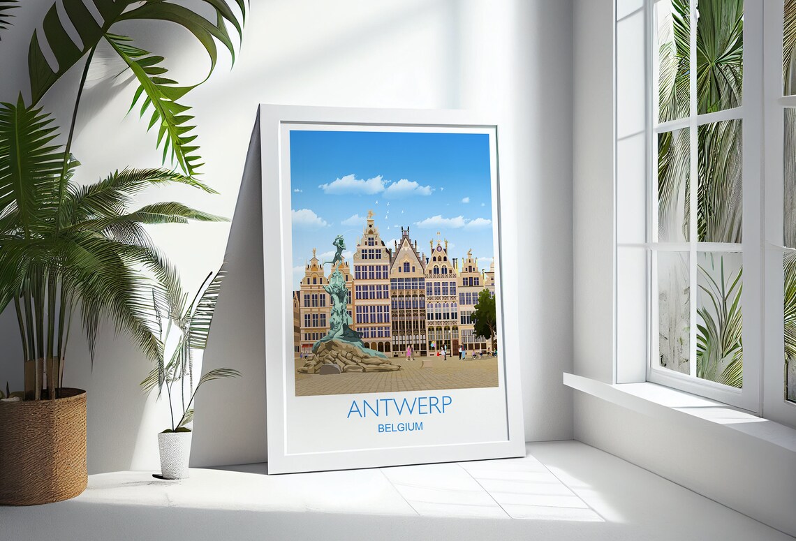 Antwerp Belgium Grote Markt Brabo Statue Guild Houses Travel Poster - Image 3