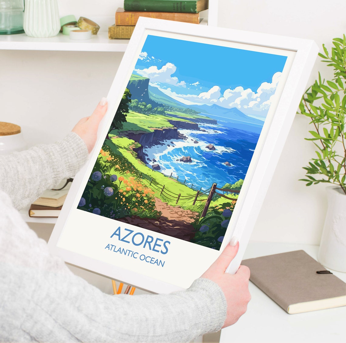 Azores Atlantic Ocean Green Cliffs Flower Trail Travel Poster - Image 5