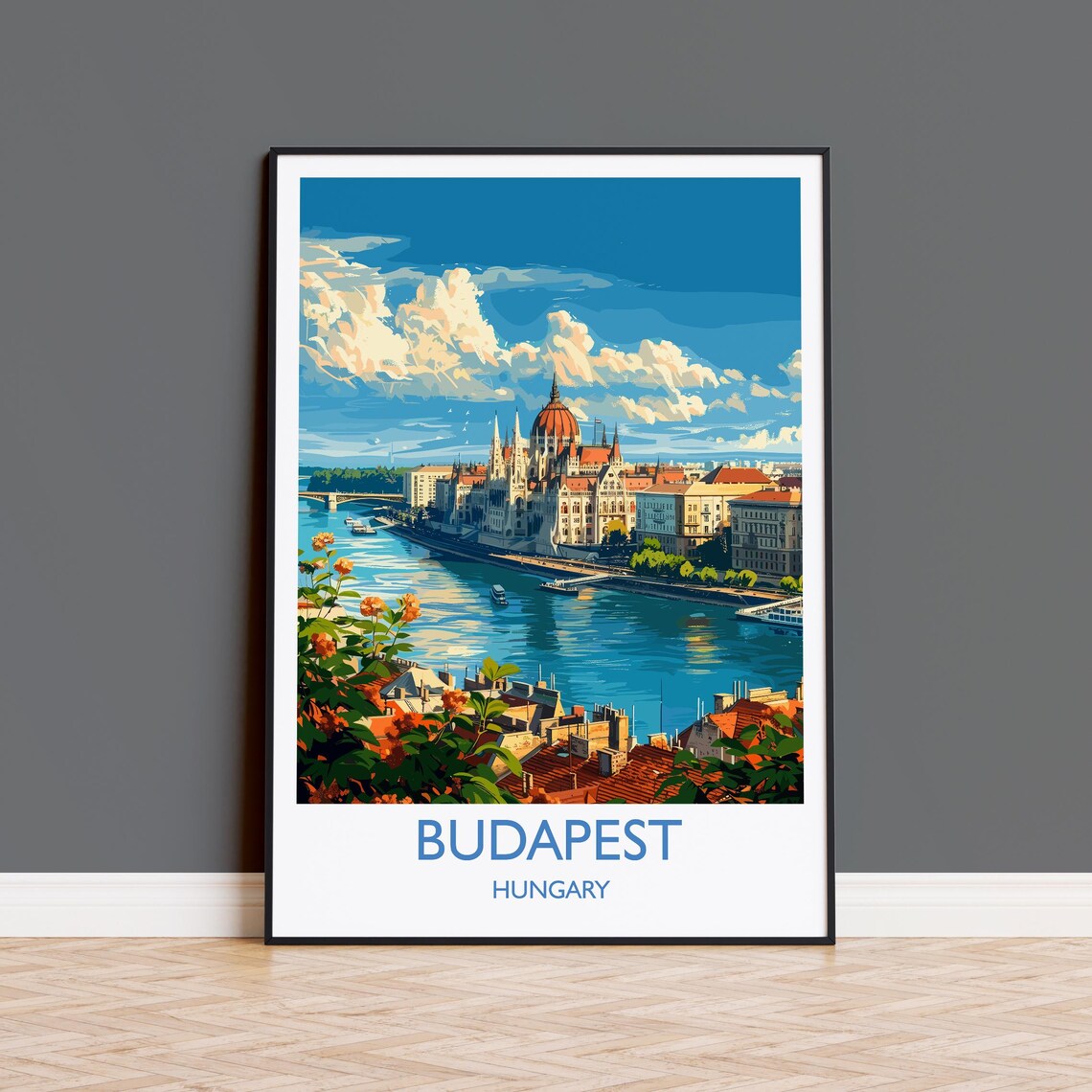 Budapest Parliament Riverside Promenade White Border Travel Poster