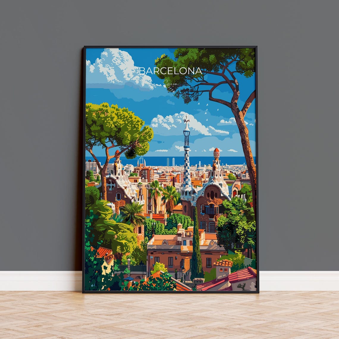 Barcelona Gaudi Mosaic Rooftops Mediterranean Sea View Travel Poster