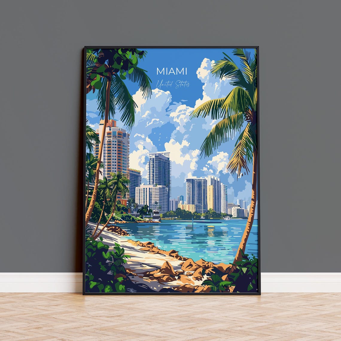 Miami United States Bay Skyline Palm Trees Beach Travel Poster