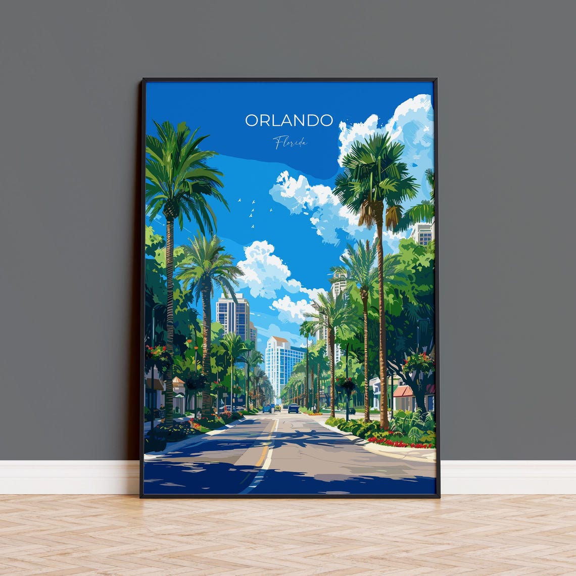 Orlando Florida Palm Lined Boulevard Sunny Skyline Travel Poster