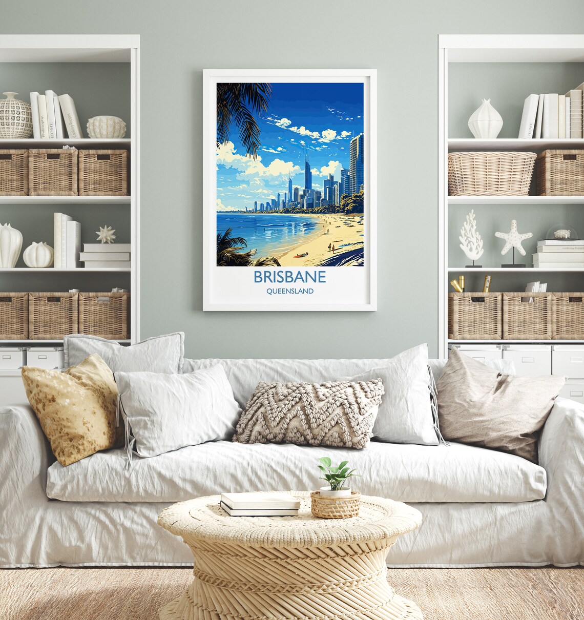 Brisbane Queensland Palm Framed Beach City Skyline Travel Poster - Image 4