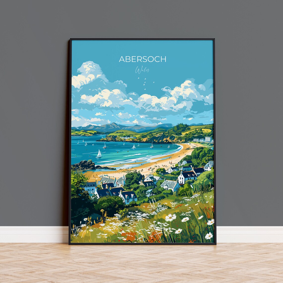 Abersoch Wales Bay View Seaside Town Wildflowers Coast Travel Poster