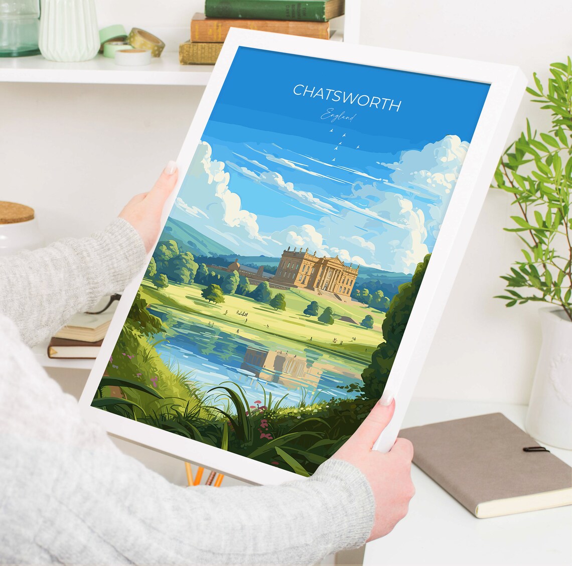 Chatsworth England Travel Poster Stately Home Gardens Lake View - Image 5
