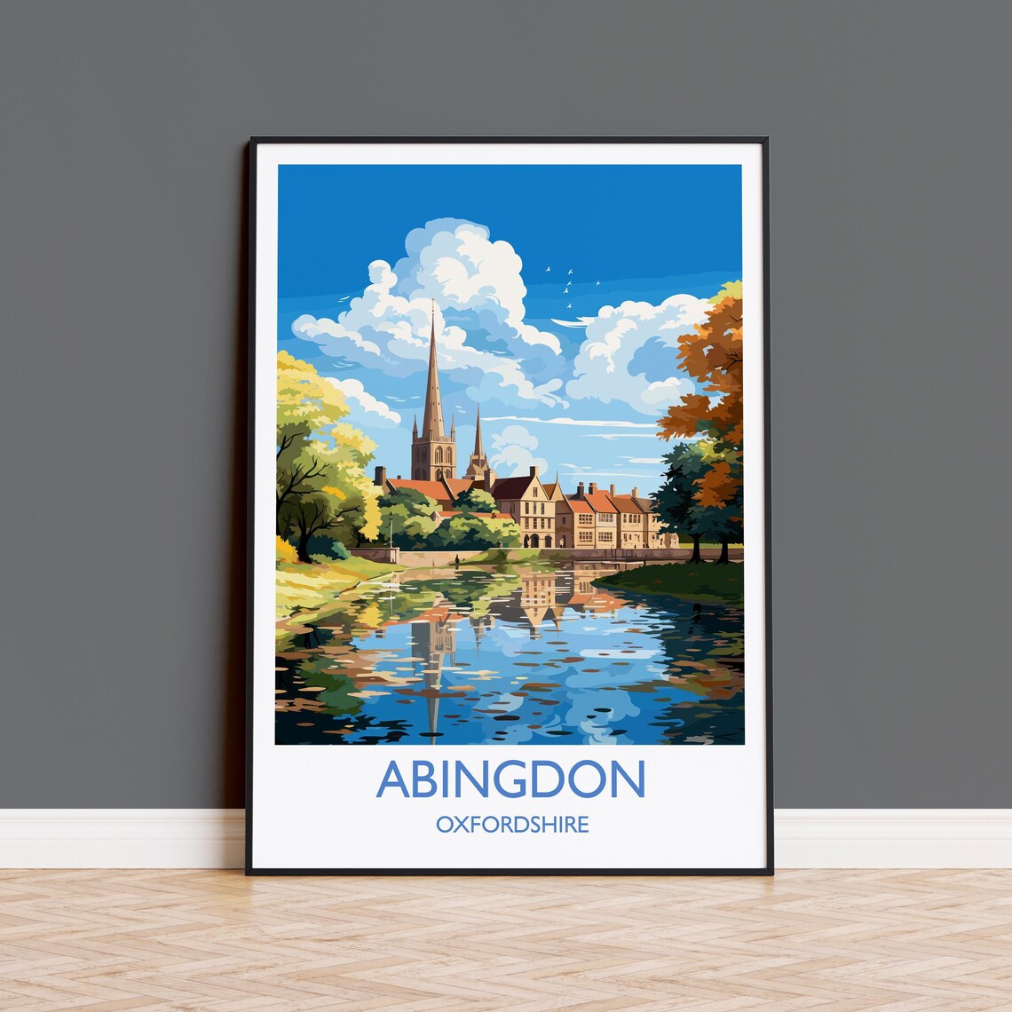 Abingdon Oxfordshire Autumn Church Reflection Vintage Travel Poster