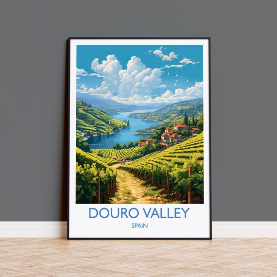 Douro Valley Spain Terraced Vineyards River Village Art Poster
