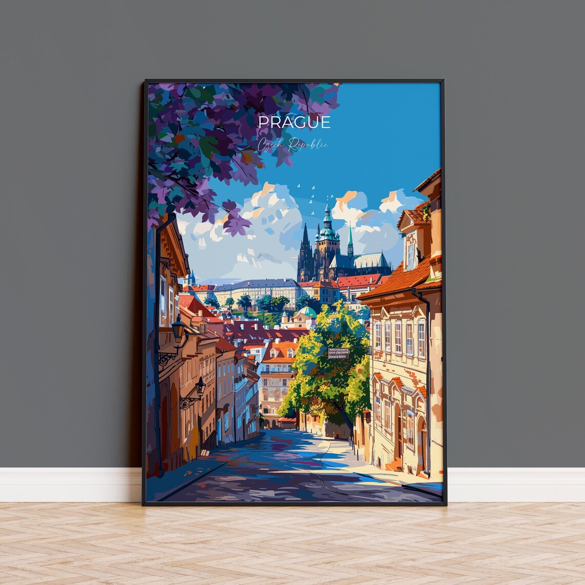 Prague Czech Republic Castle Street Purple Blossom Day View Poster