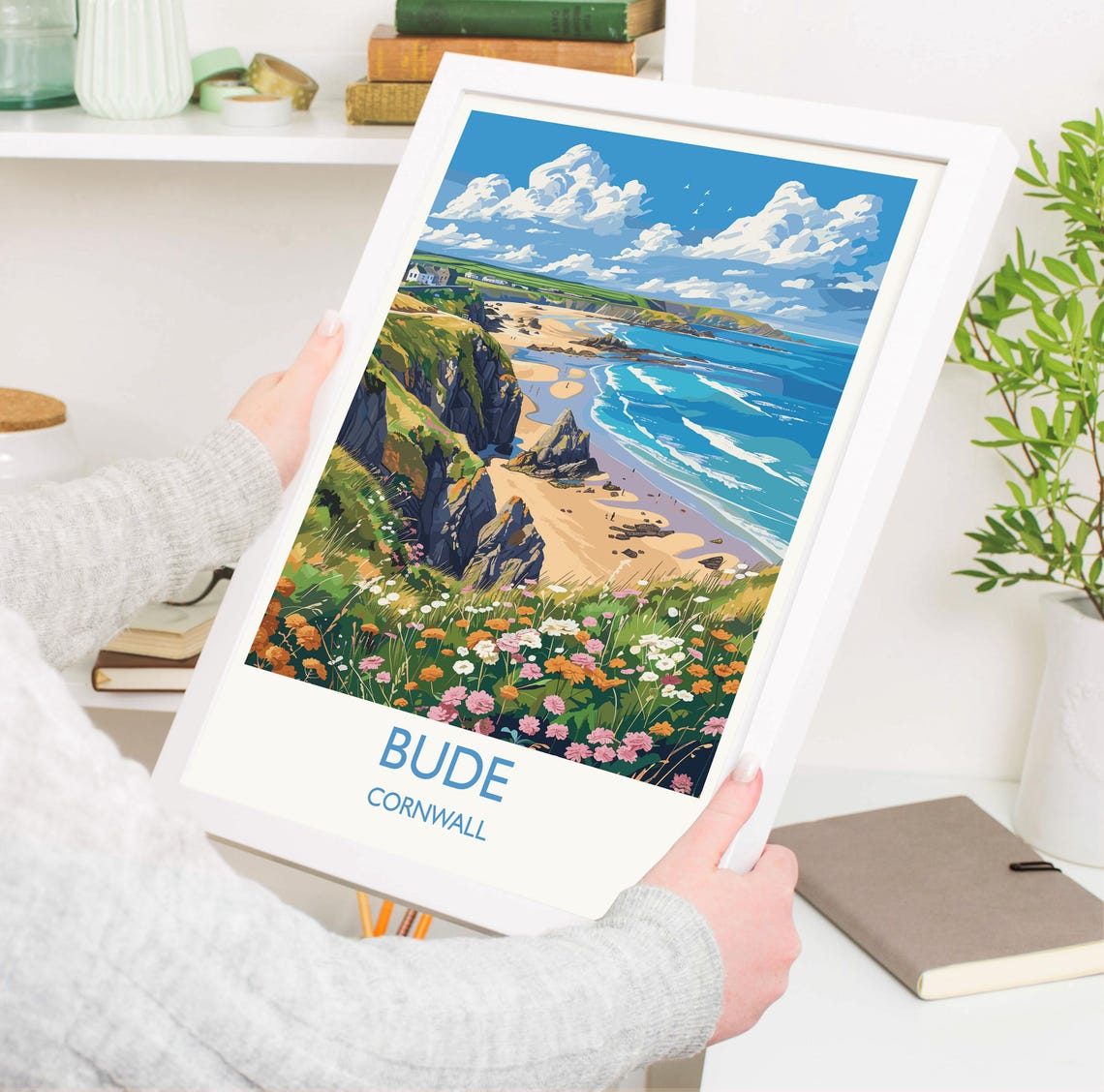 Bude Cornwall Sandy Beach Cove Cliffs Wildflower Meadow Travel Poster - Image 3