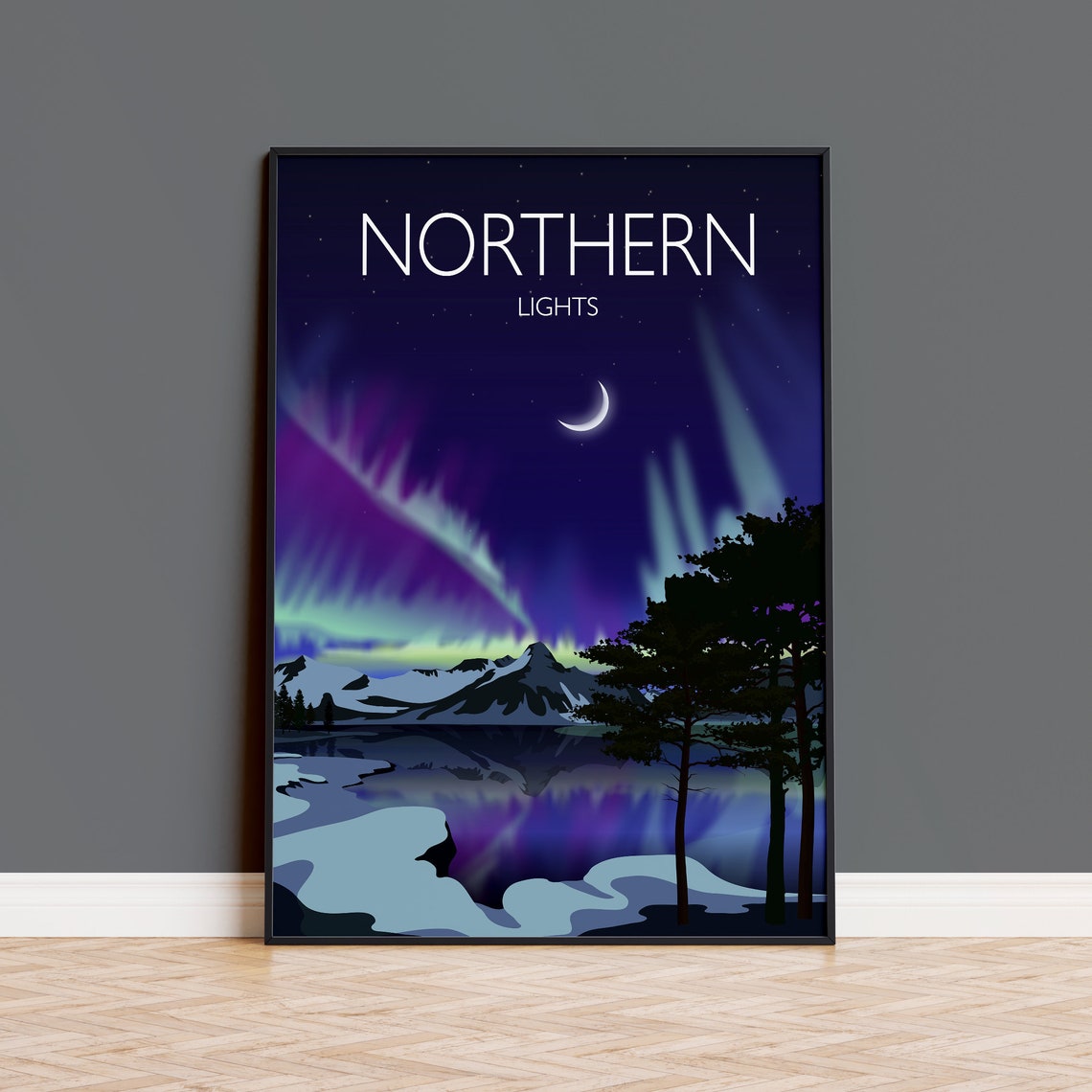Northern Lights Aurora Night Sky Mountains Moonlight Art Poster