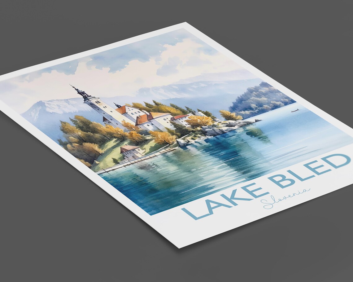 Lake Bled Slovenia Island Church Alpine Watercolor Art Poster - Image 2