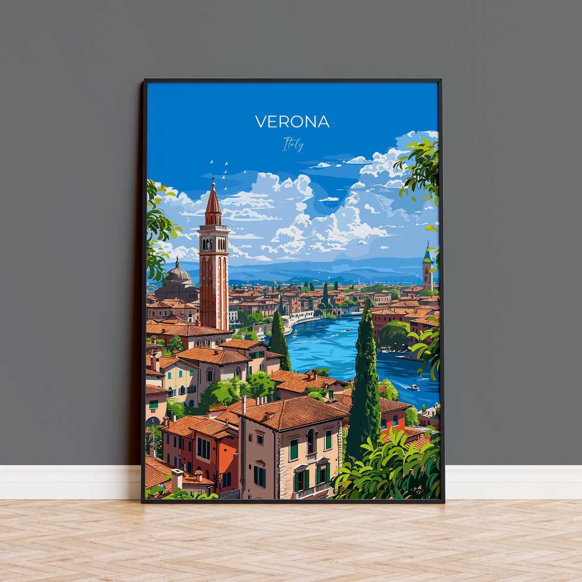 Verona Italy Old Town Bell Tower River Adige View Travel Poster