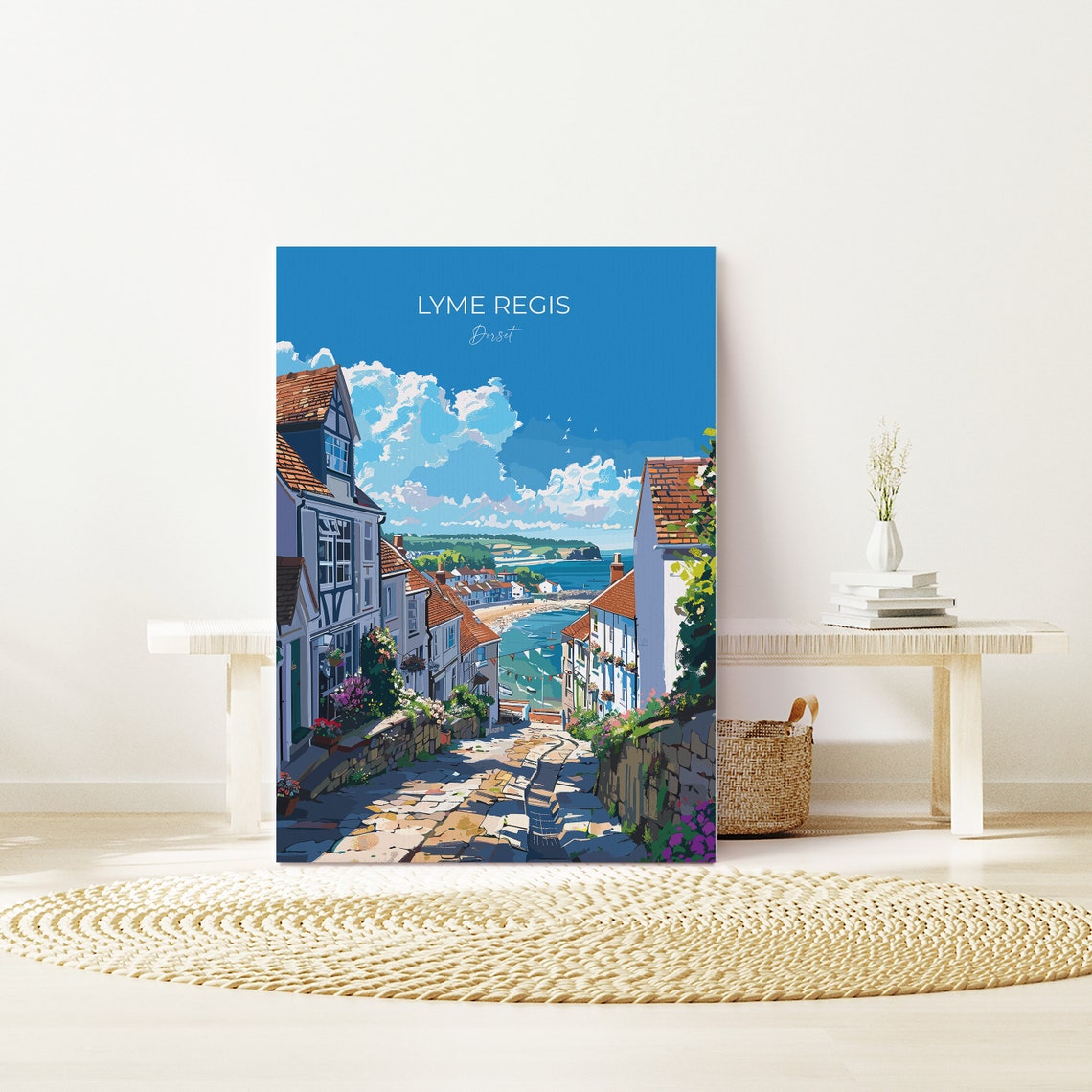 Lyme Regis Dorset Old Town Street Ocean Vintage Script Poster - Image 2