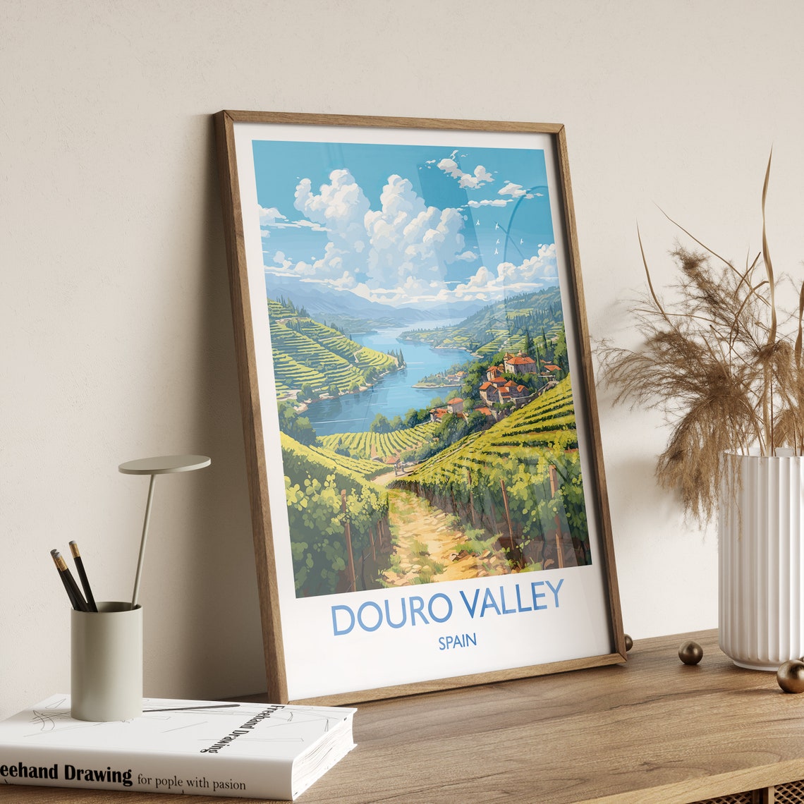 Douro Valley Spain Terraced Vineyards River Village Art Poster - Image 3