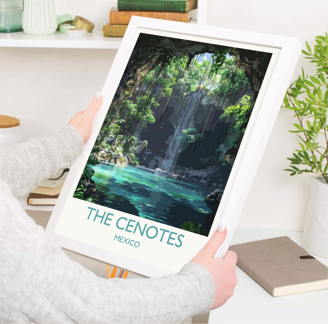 The Cenotes Mexico Jungle Waterfall Emerald Retro Travel Poster - Image 3