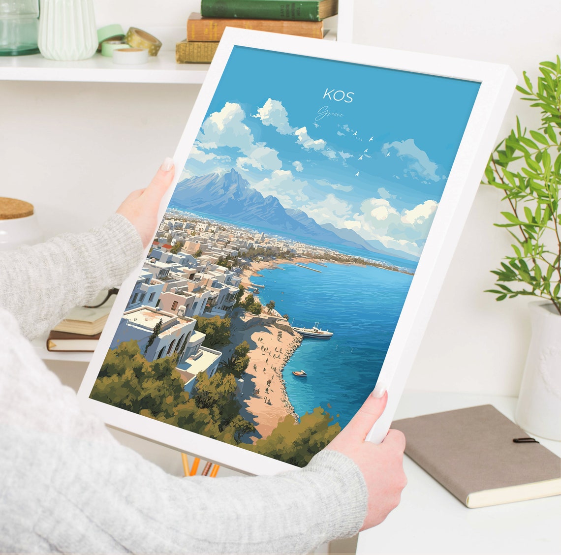 Kos Greece Whitewashed Town Beach Mountain View Travel Poster - Image 5