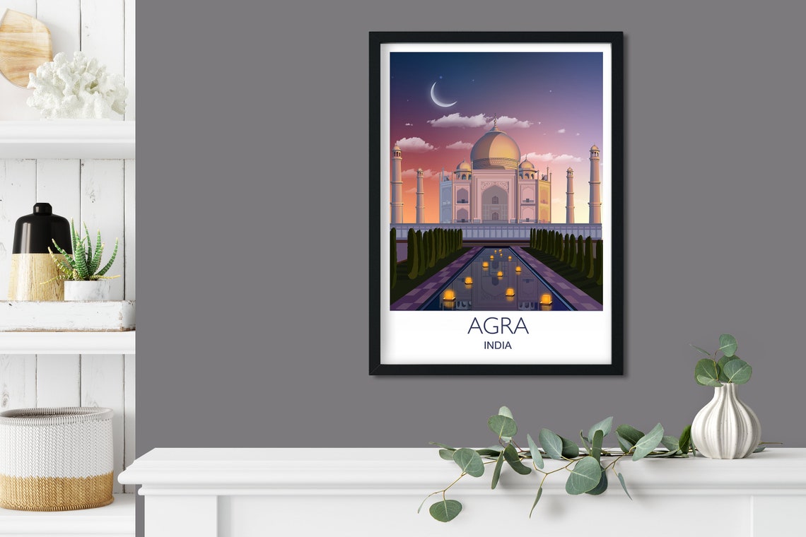 Agra India Taj Mahal Evening Sky Lanterns Pool Moonlight Poster - Image 3