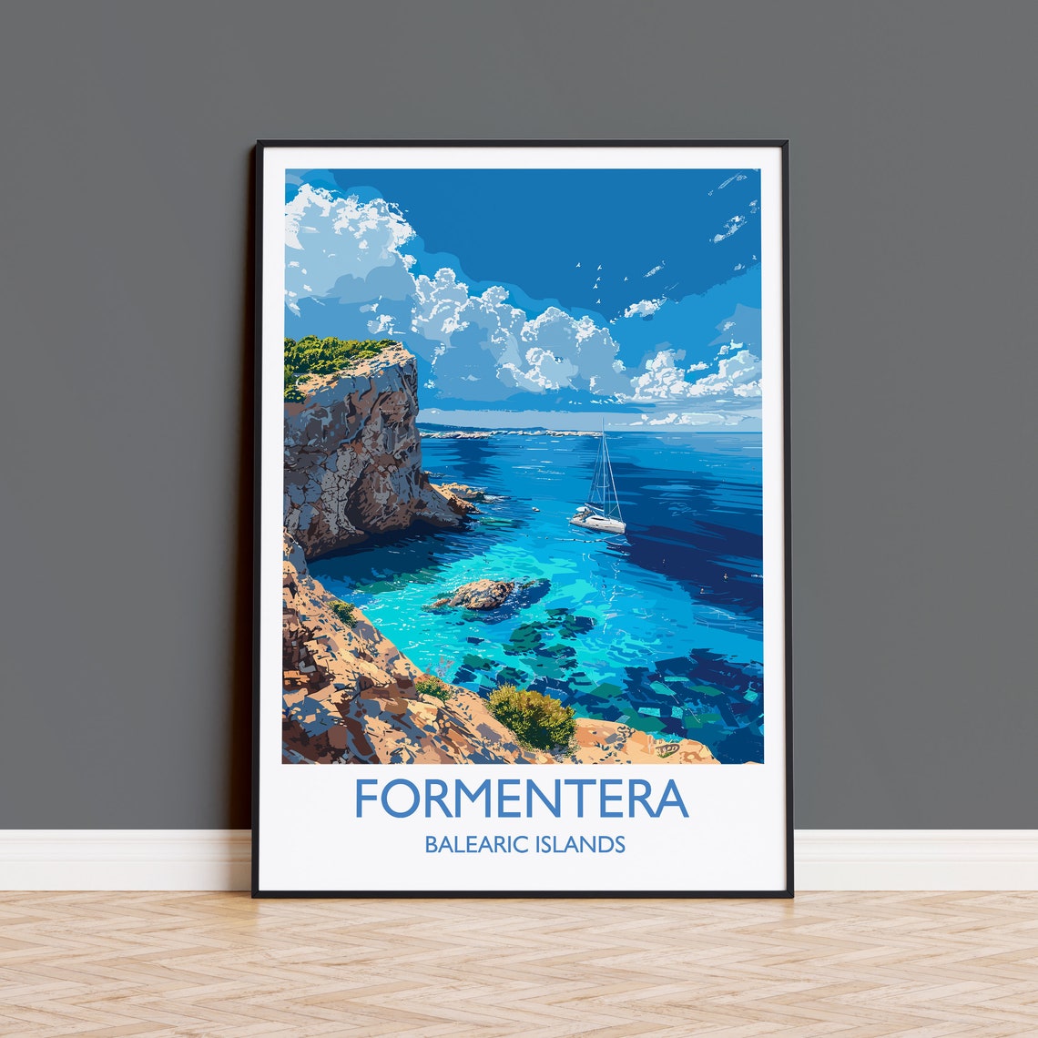 Formentera Balearic Islands Sailboat Cove White Border Poster