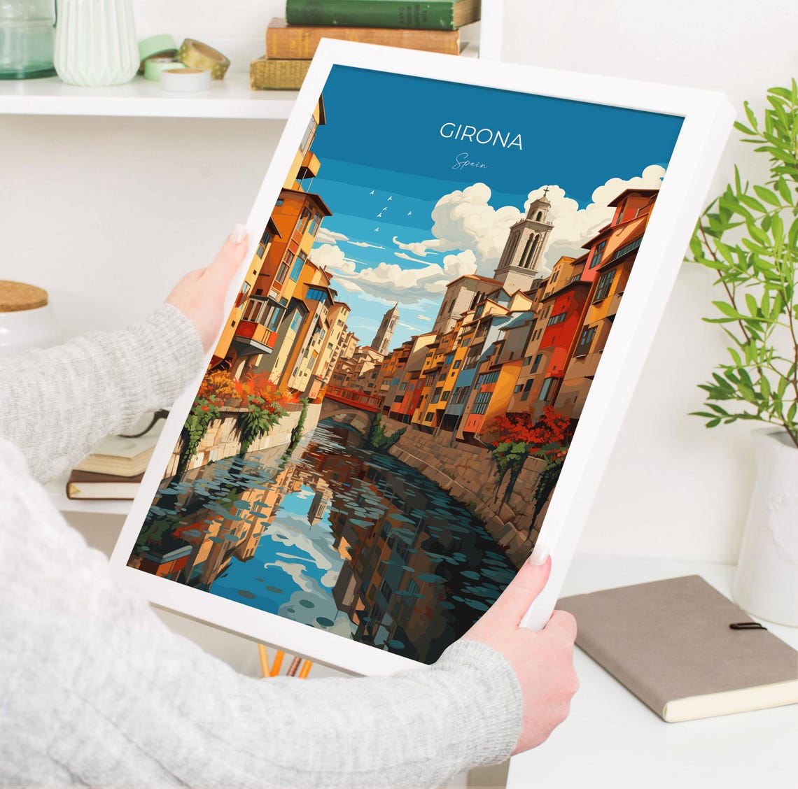 Girona Spain Onyar River Bridge Reflection Old Town Travel Poster - Image 3