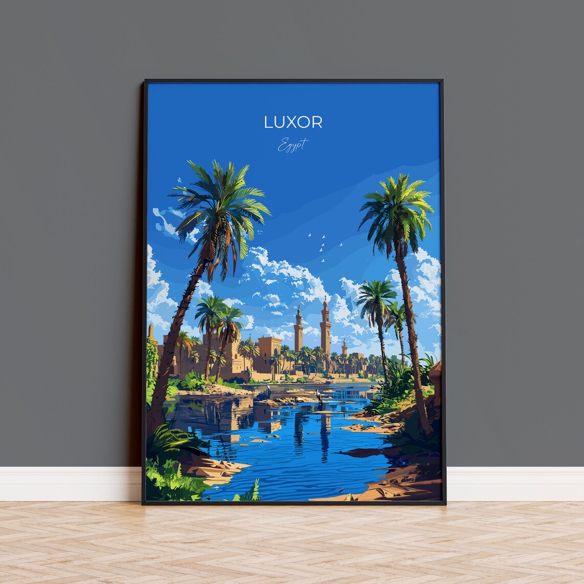 Luxor Egypt Nile River Palms Golden Temples Blue Sky Travel Poster