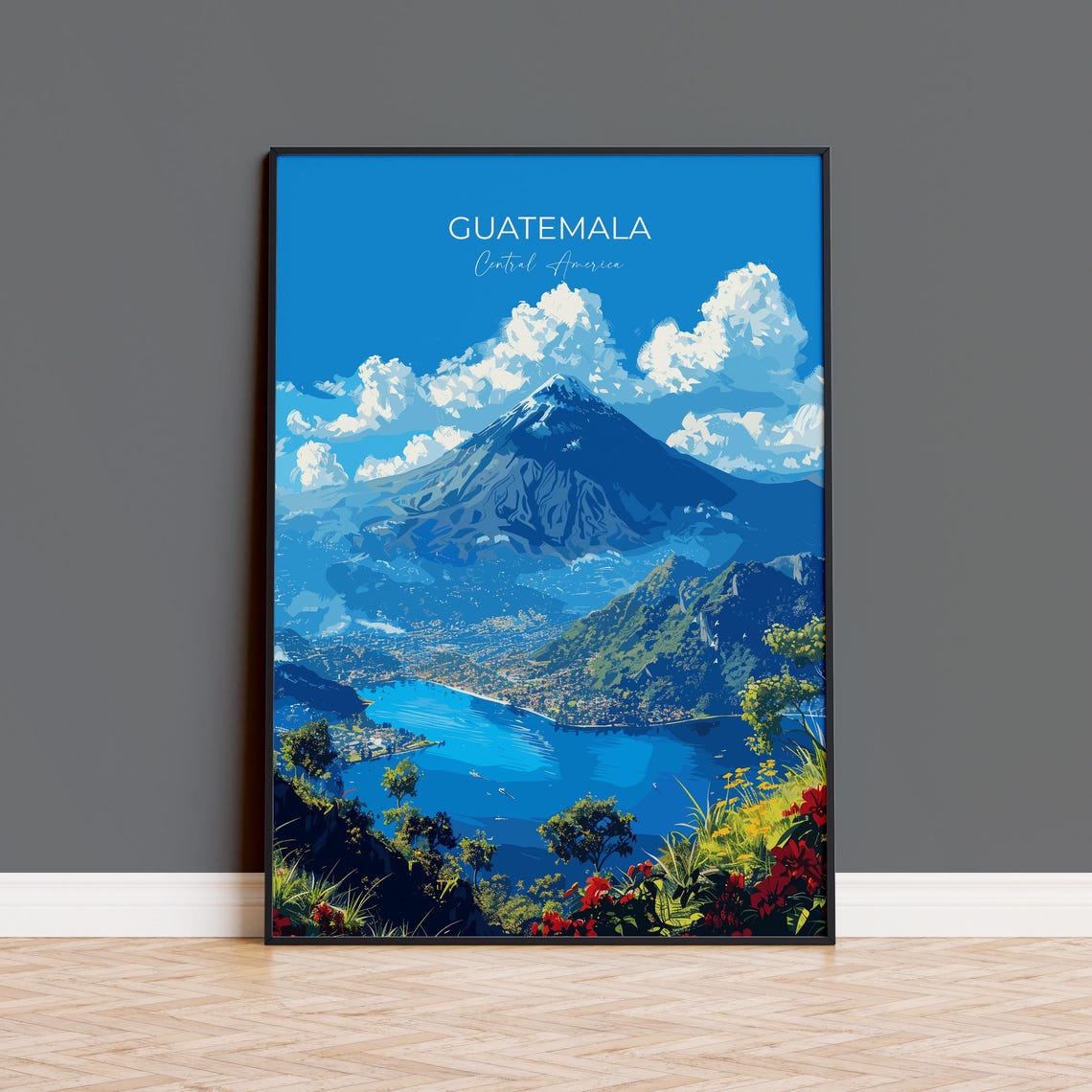 Guatemala Volcano Rising Over Blue Lake Full Bleed Travel Poster