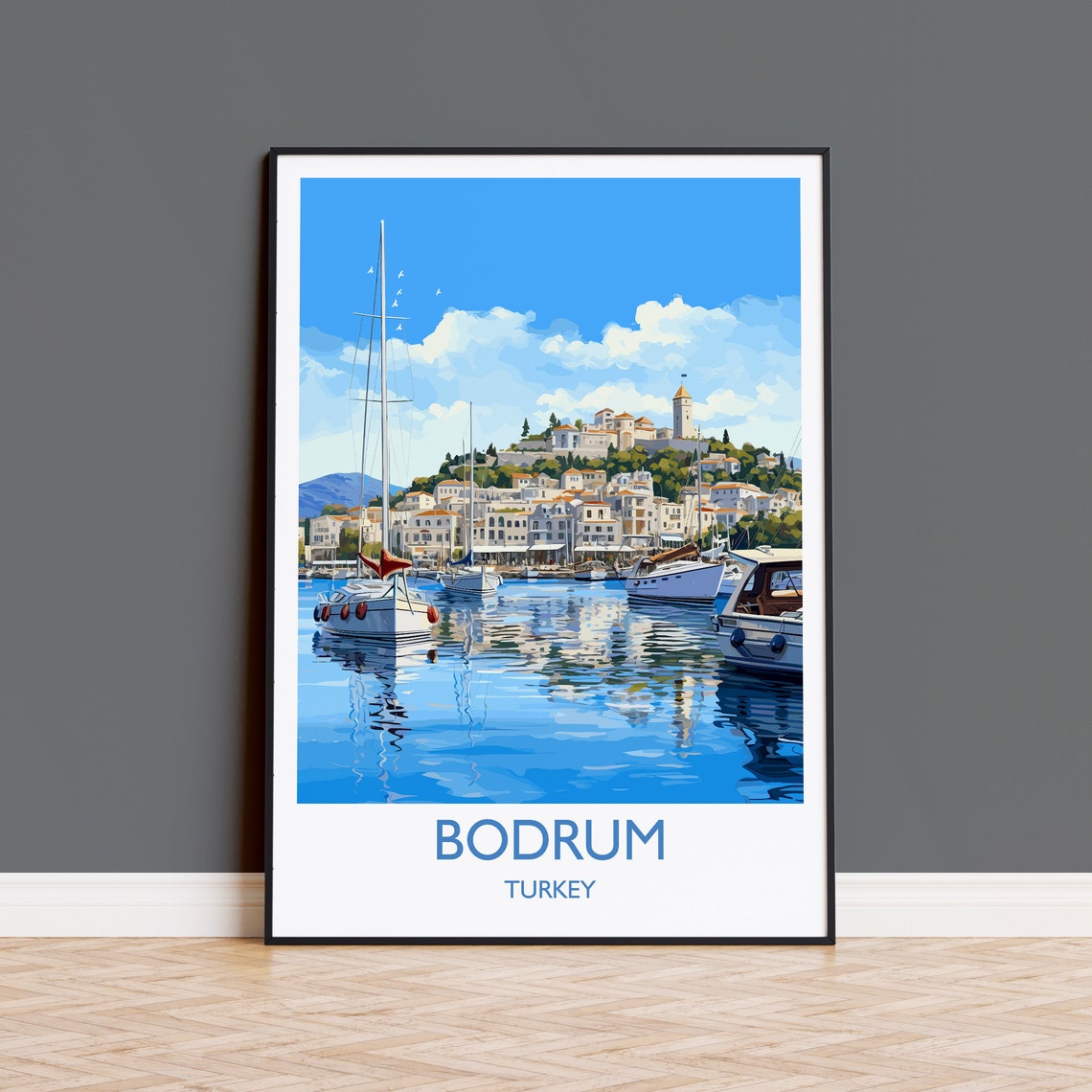 Bodrum Turkey Harbor Sailboats Seafront Hill Town View Poster