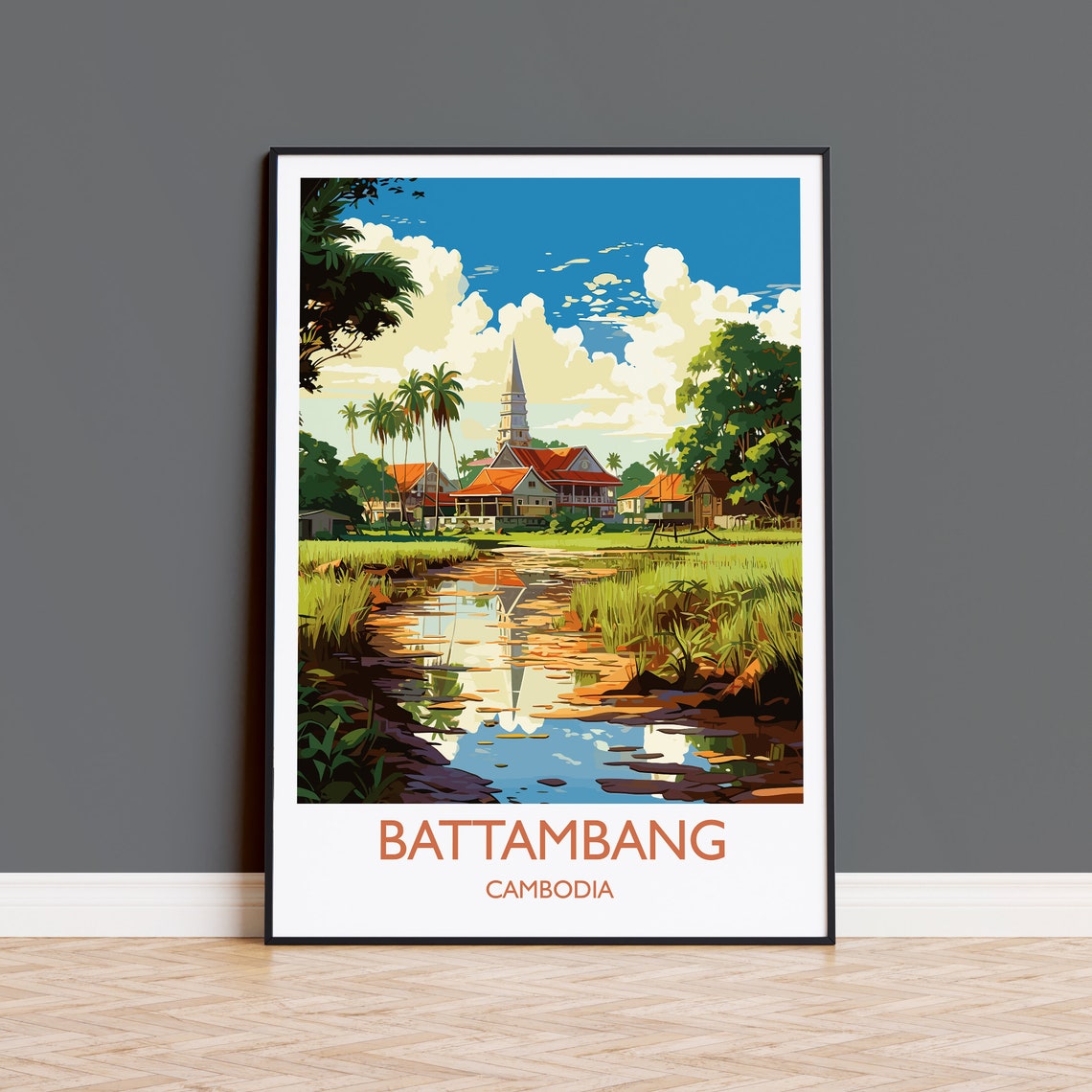 Battambang Cambodia Pagoda Rice Fields Canal Reflection Poster