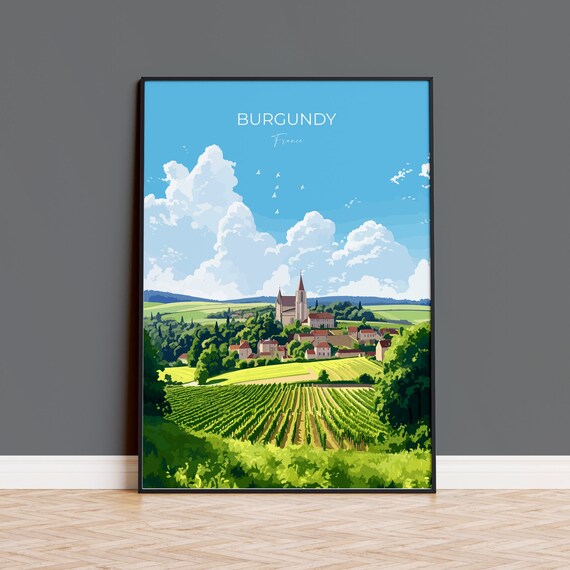 Burgundy France Rolling Vineyards Village Church Travel Poster