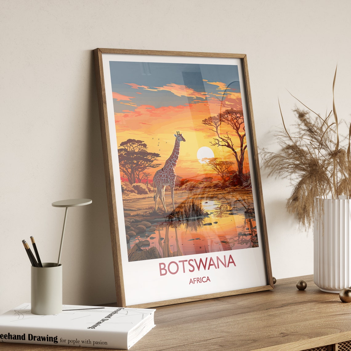 Botswana Africa Giraffe Sunset Waterhole Vintage Travel Poster - Image 2
