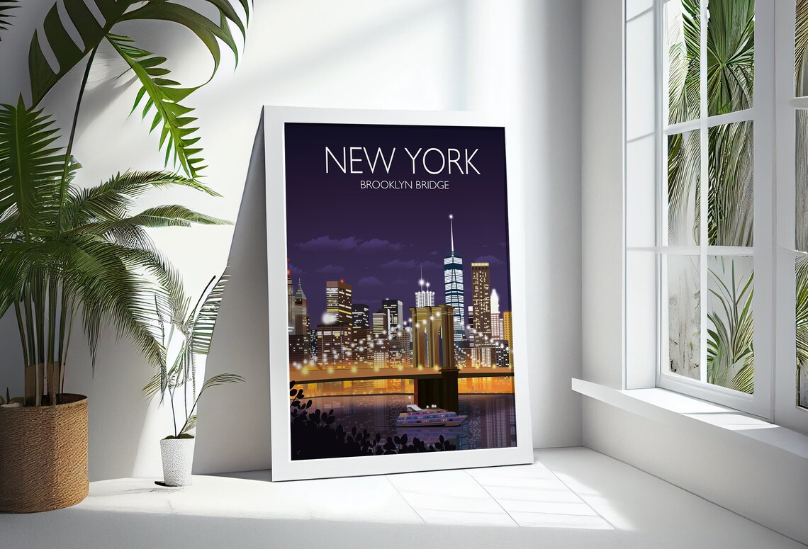 New York Brooklyn Bridge Night Skyline City Lights Travel Poster - Image 2