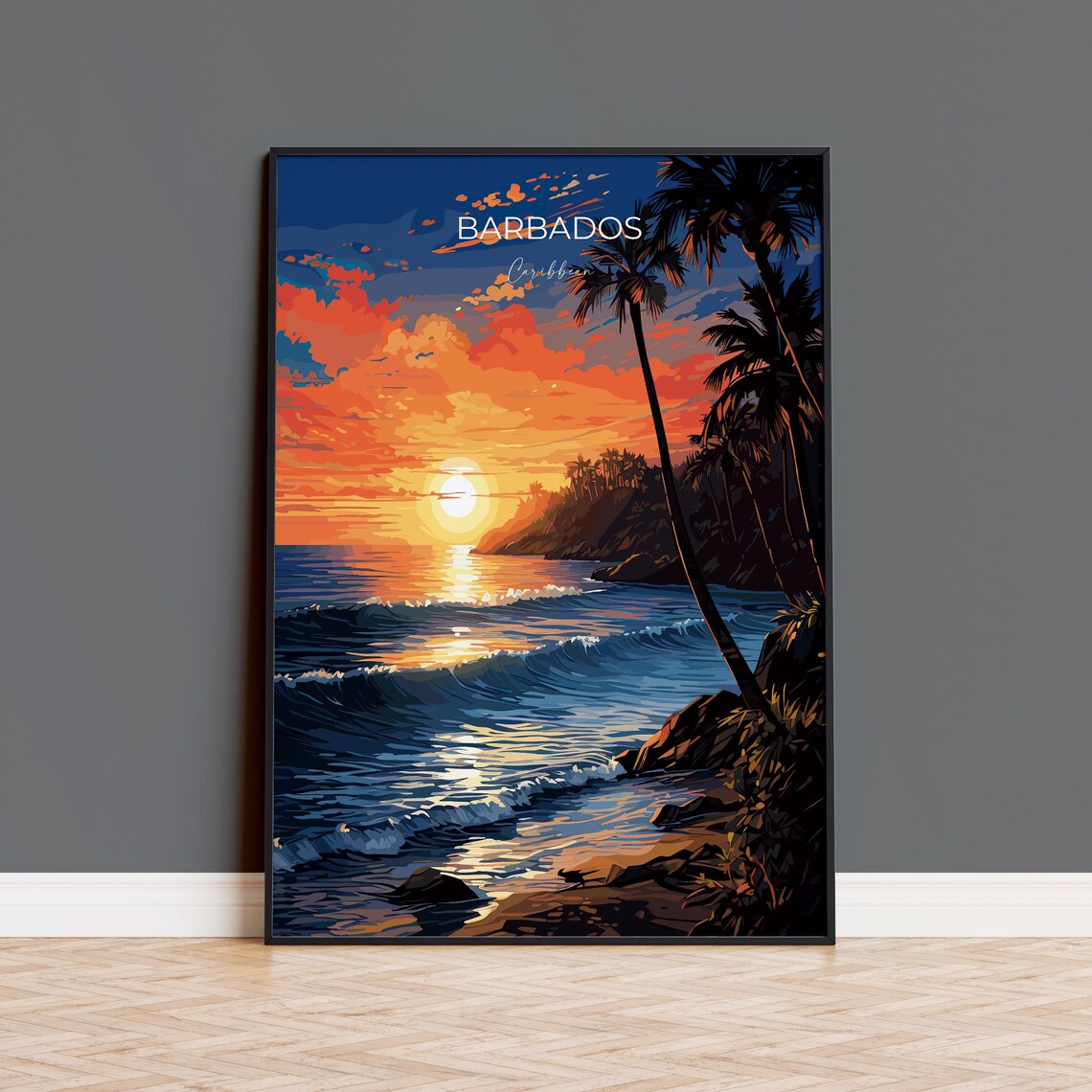 Barbados Travel Poster, Caribbean Sunset Print