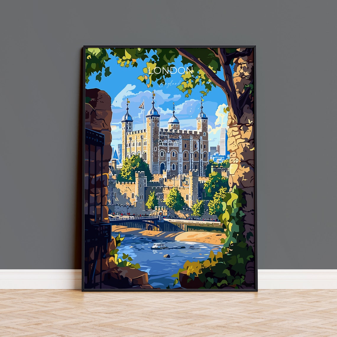 London England Tower Of London Tree Framed River View Travel Poster
