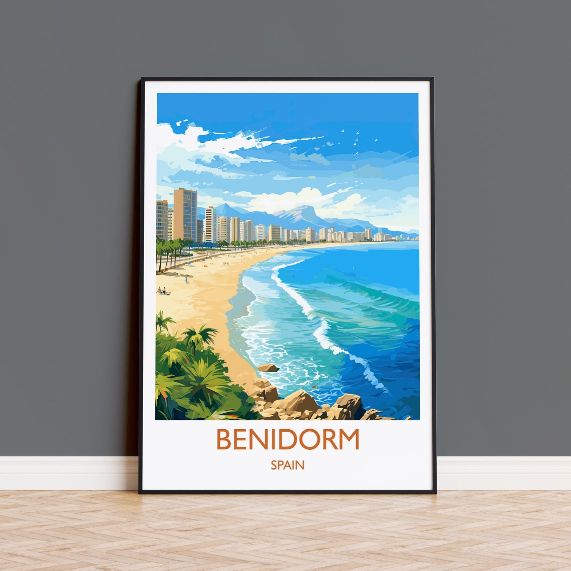 Benidorm Spain Retro Travel Poster Beach Towers Turquoise Waves Resort