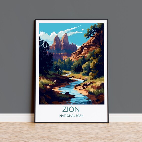 Zion National Park Utah Red Cliffs River Valley Scenic Travel Poster