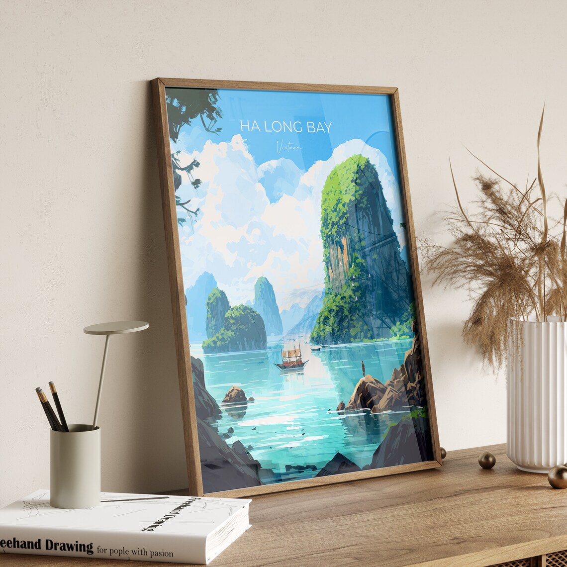 Ha Long Bay Limestone Karsts Vietnam Junk Boat Turquoise Poster - Image 2